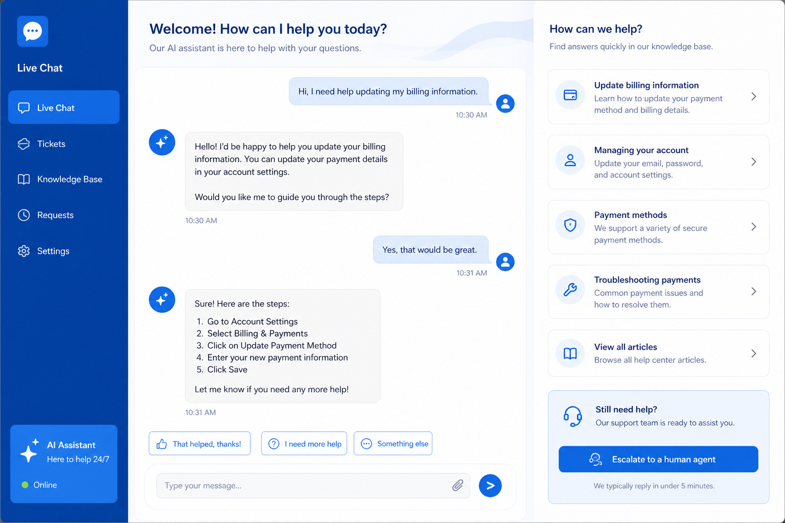 Custom chatbot development for customer support and internal help desks