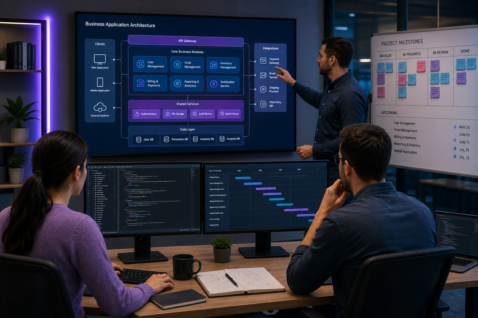Custom software services hub for AI, mobile, web, and business systems