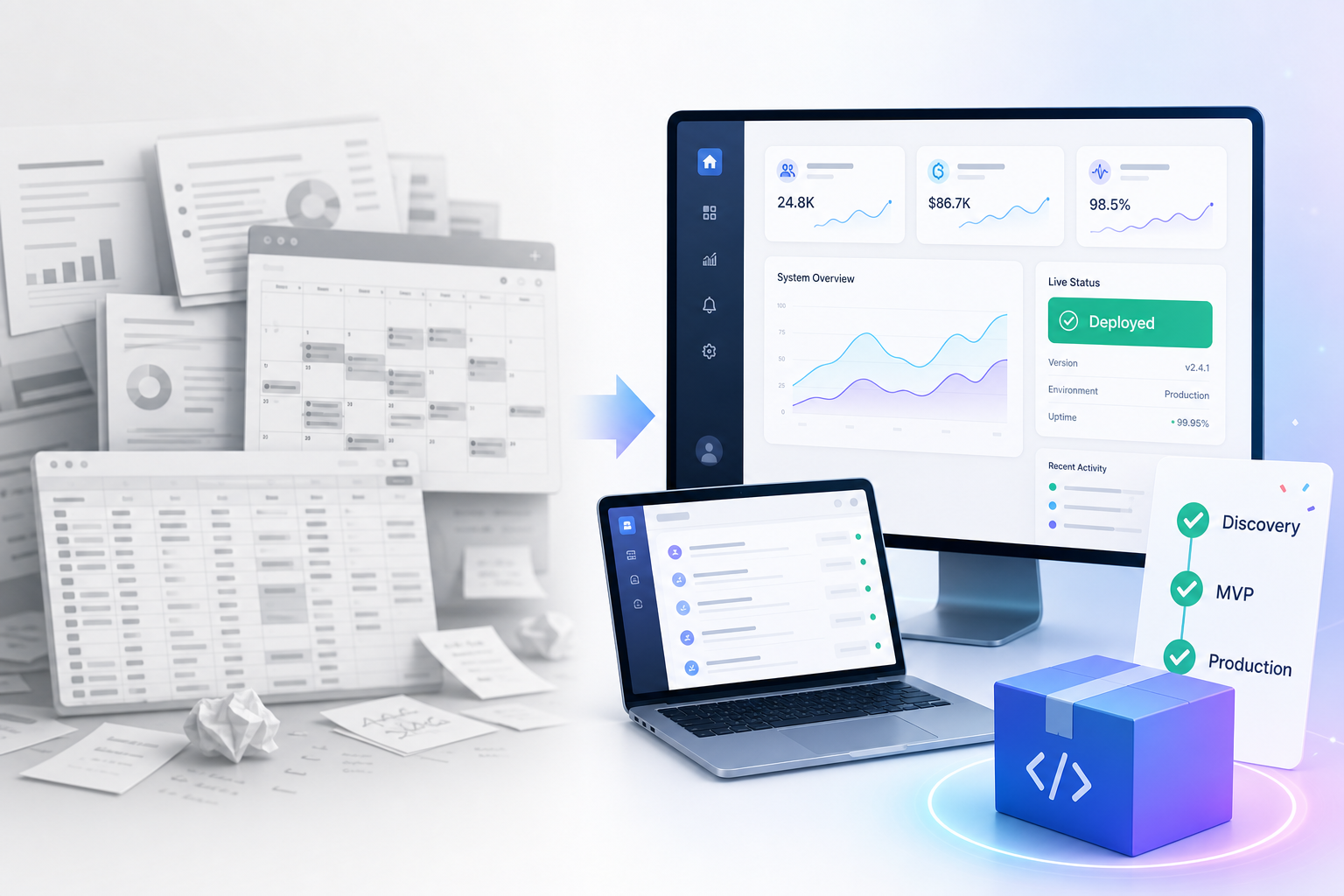 Illustration contrasting billable activity with milestone-based shipped software—a live deployed dashboard versus slides and meetings